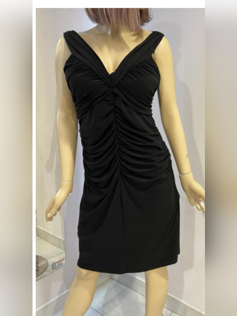 Joseph Ribkoff Black Ruched V-Neck Midi Dress